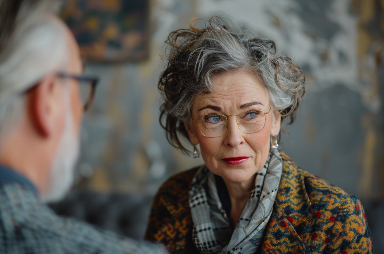 An older woman looking away from her husband | Source: Midjourney